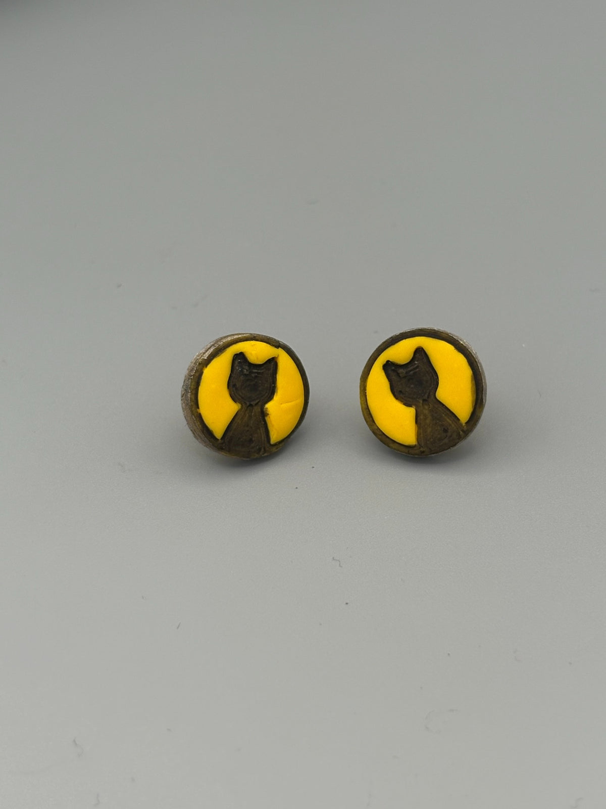 Yellow Cat Head Stud Earrings - handcrafted polymer clay earrings by Lakeside Clay