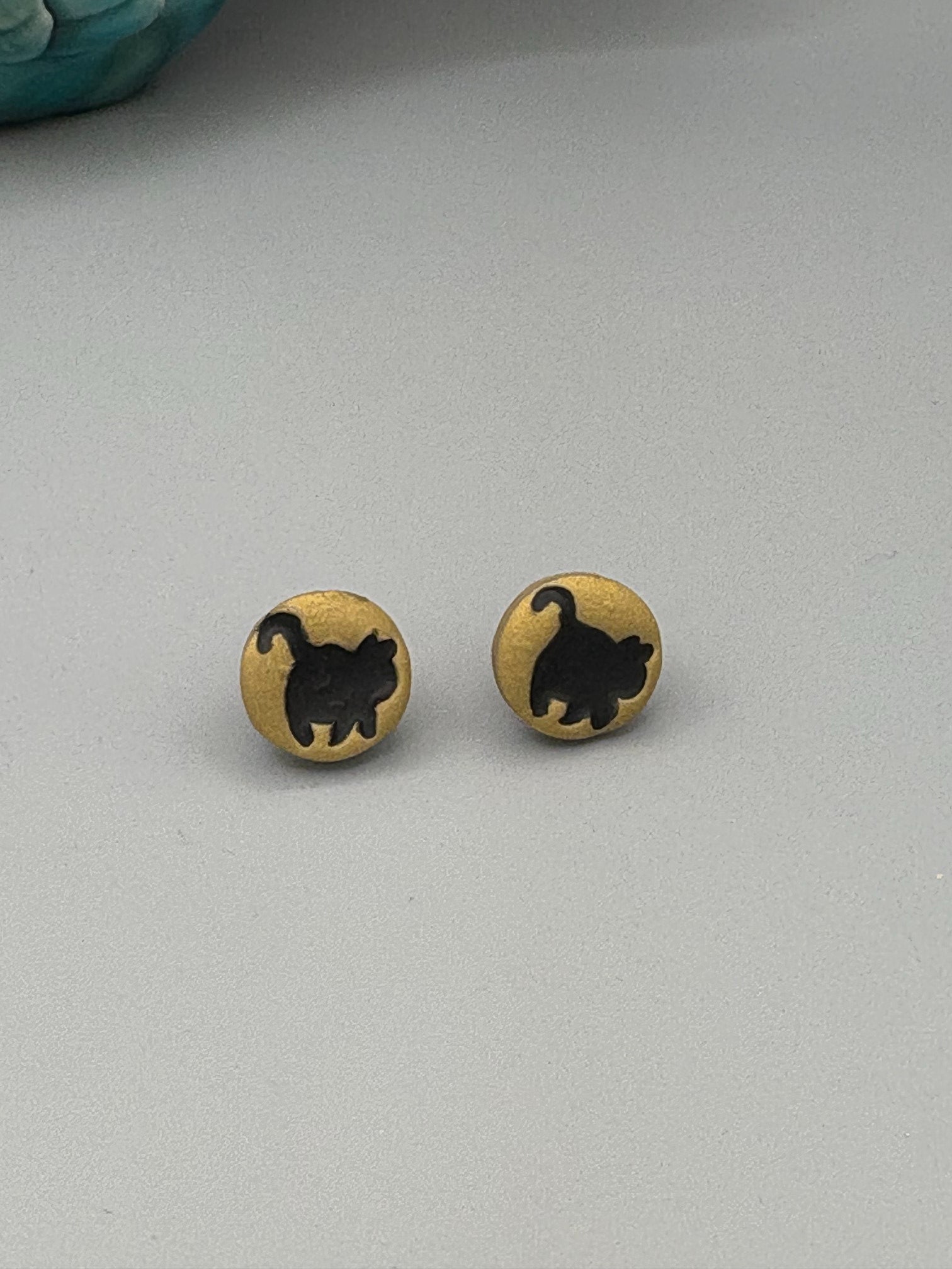 Gold Cat Stud Earrings - handcrafted polymer clay earrings by Lakeside Clay
