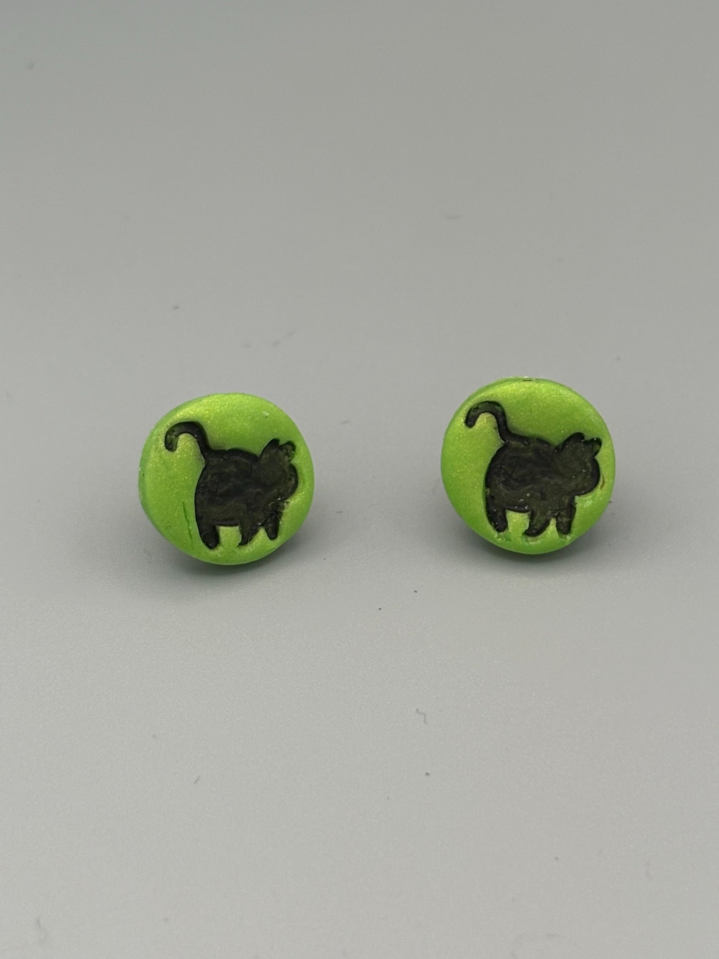 Green Cat Stud Earrings - handcrafted polymer clay earrings by Lakeside Clay