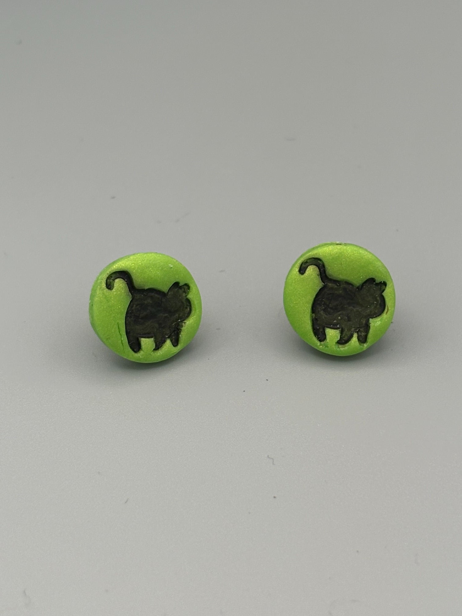 Green Cat Stud Earrings - handcrafted polymer clay earrings by Lakeside Clay