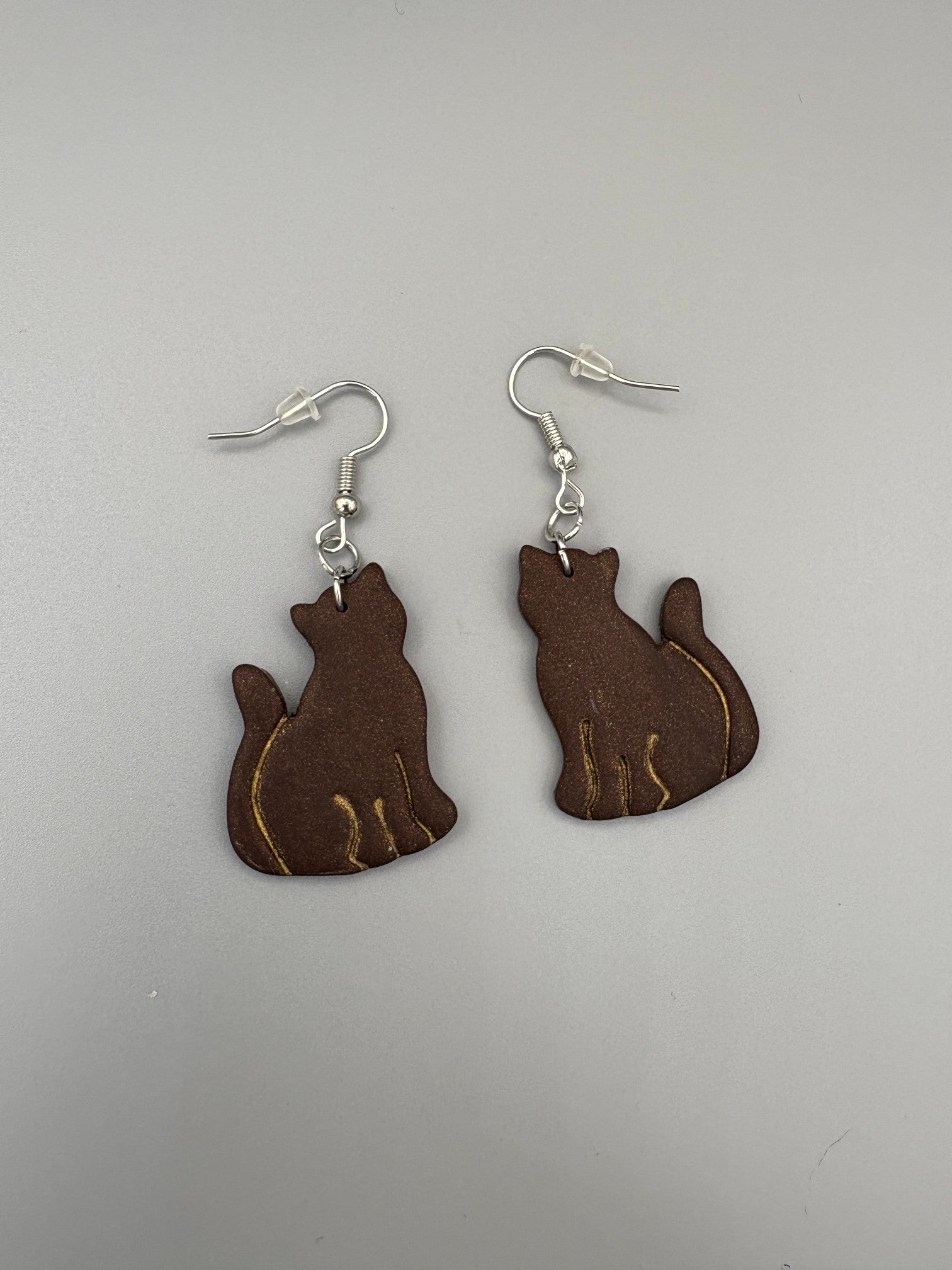 Brown Cat Dangle Earrings - handcrafted polymer clay earrings by Lakeside Clay