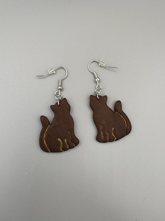 Brown Cat Dangle Earrings - handcrafted polymer clay earrings by Lakeside Clay