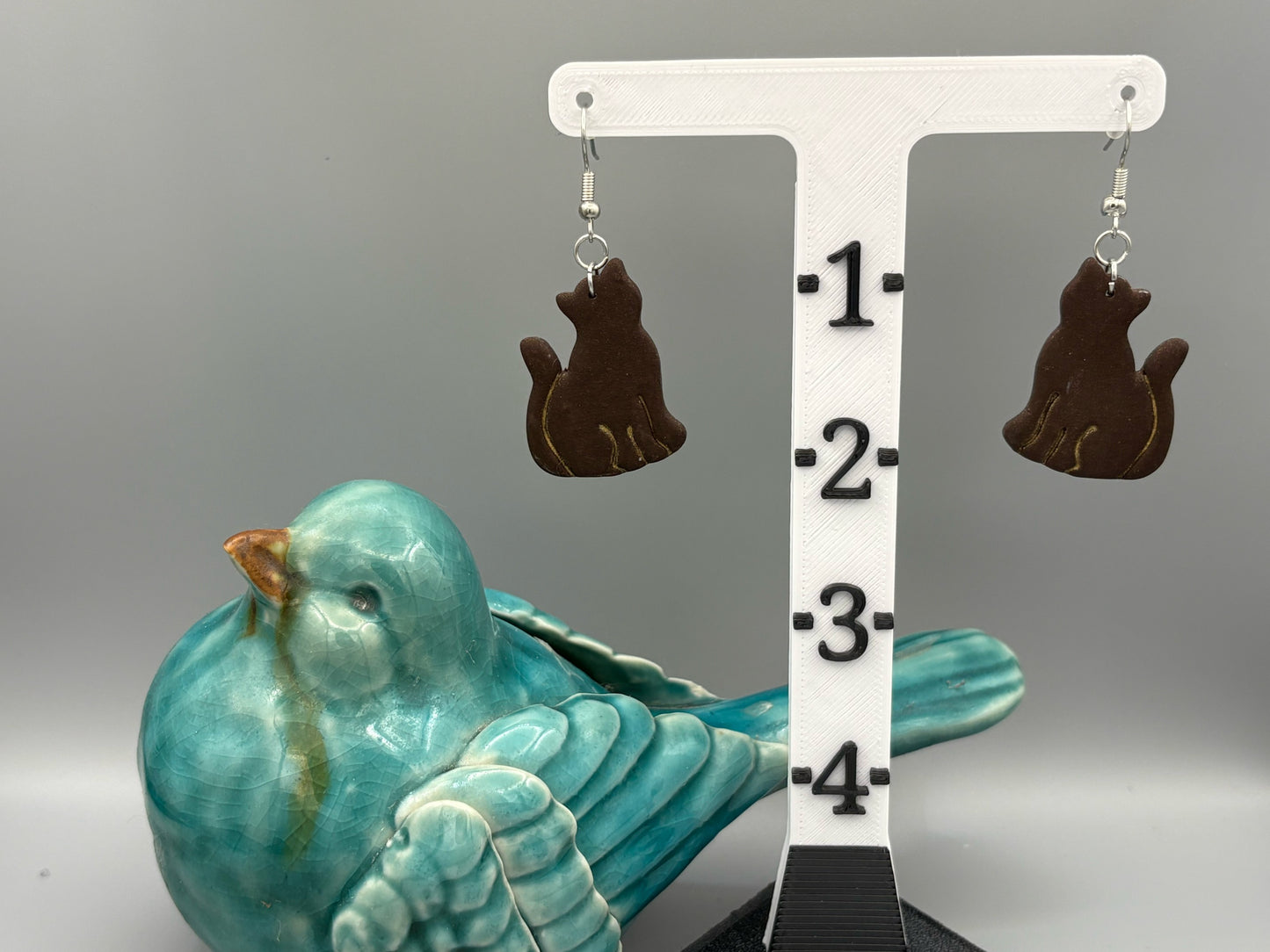 Brown Cat Dangle Earrings - handcrafted polymer clay earrings by Lakeside Clay