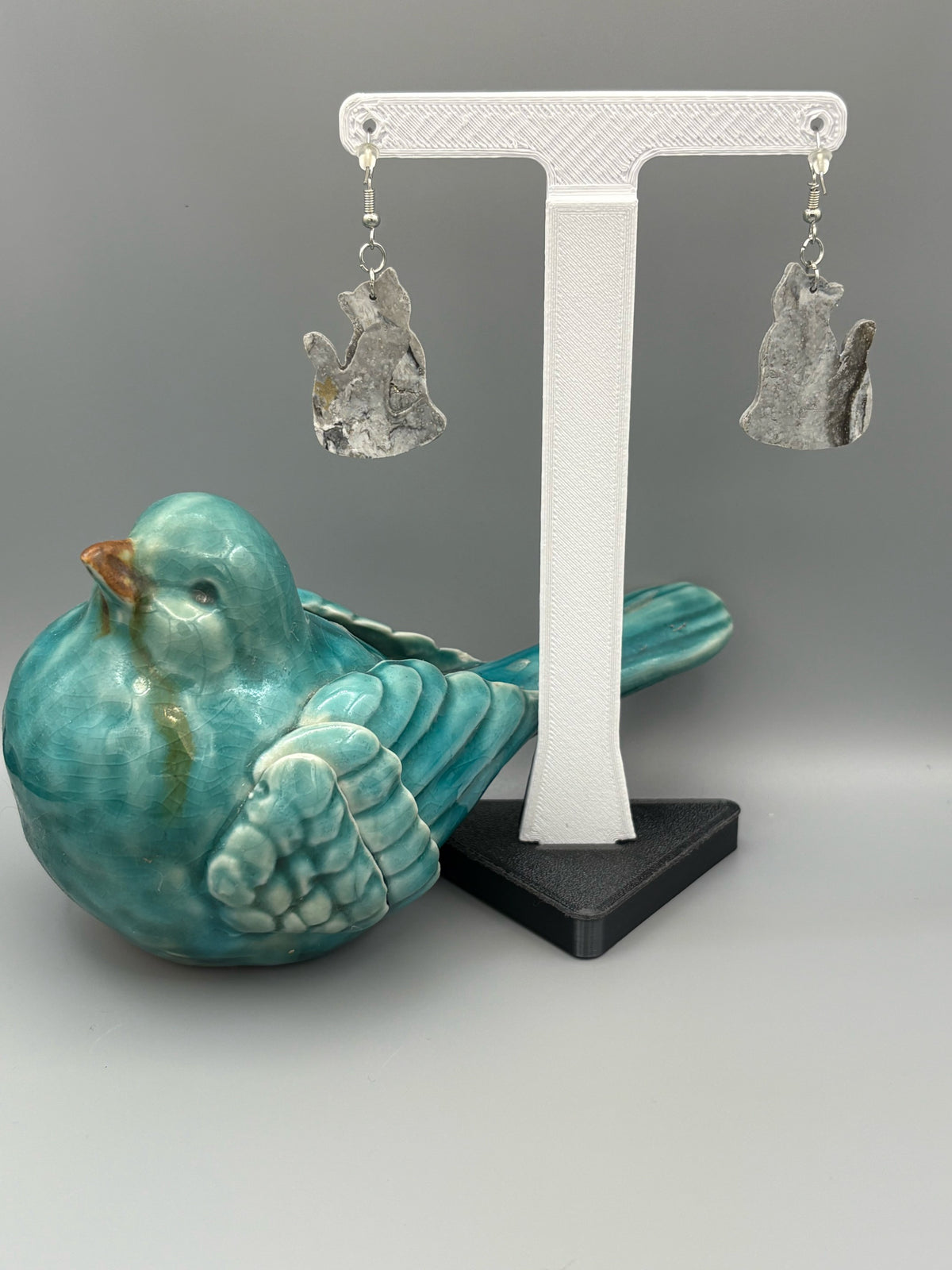 Sparkly Grey Cat Dangle Earrings - handcrafted polymer clay earrings by Lakeside Clay