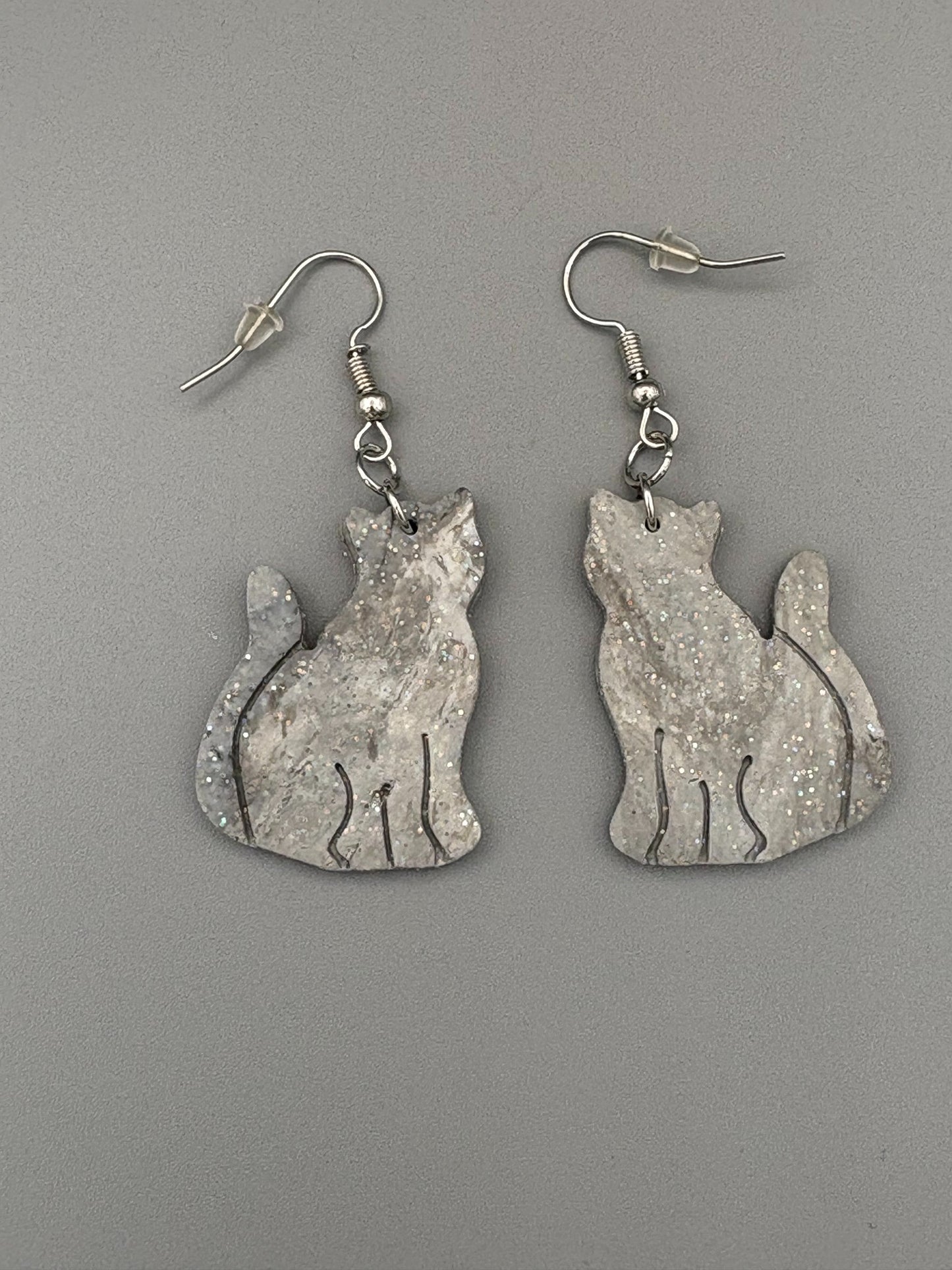 Sparkly Grey Cat Dangle Earrings - handcrafted polymer clay earrings by Lakeside Clay