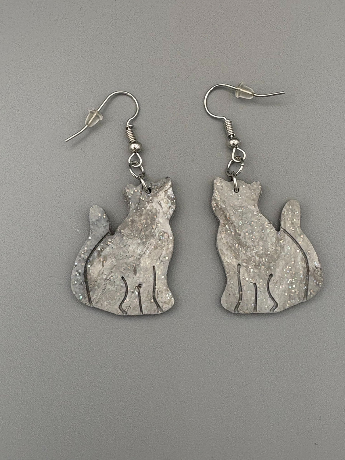 Sparkly Grey Cat Dangle Earrings - handcrafted polymer clay earrings by Lakeside Clay