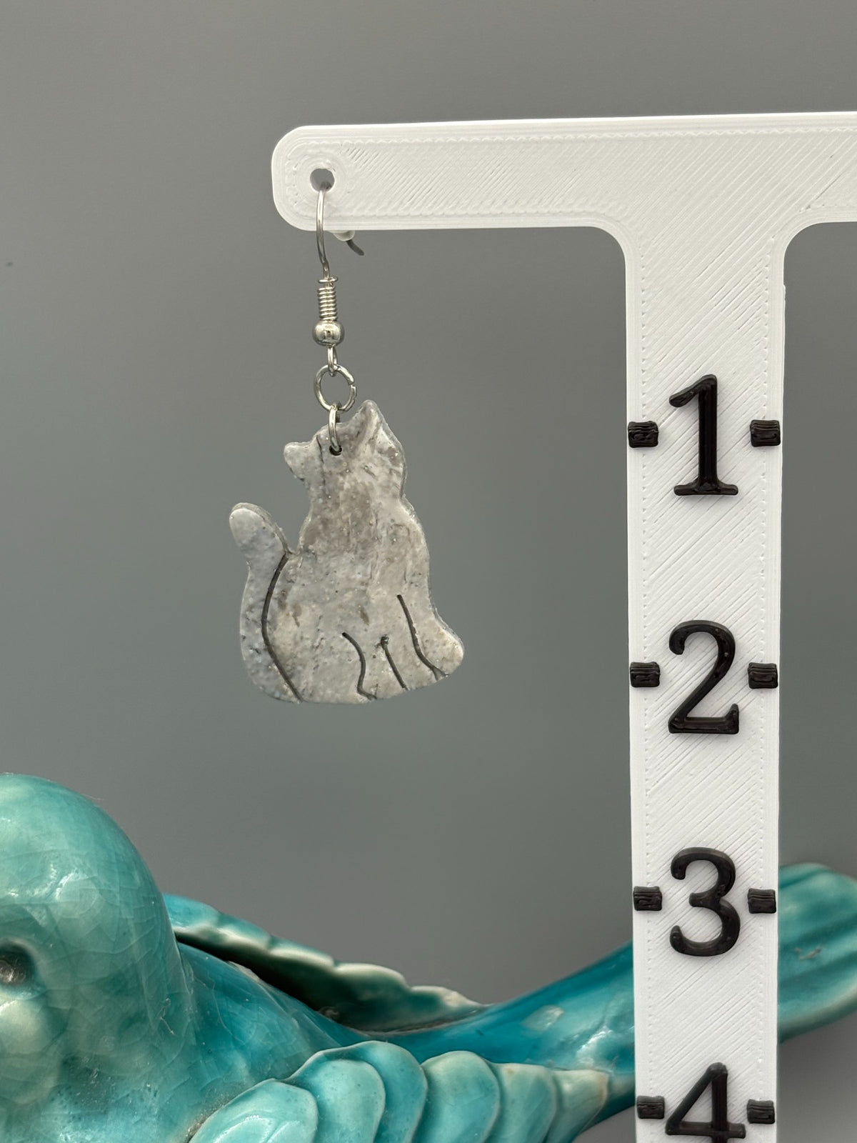 Sparkly Grey Cat Dangle Earrings - handcrafted polymer clay earrings by Lakeside Clay