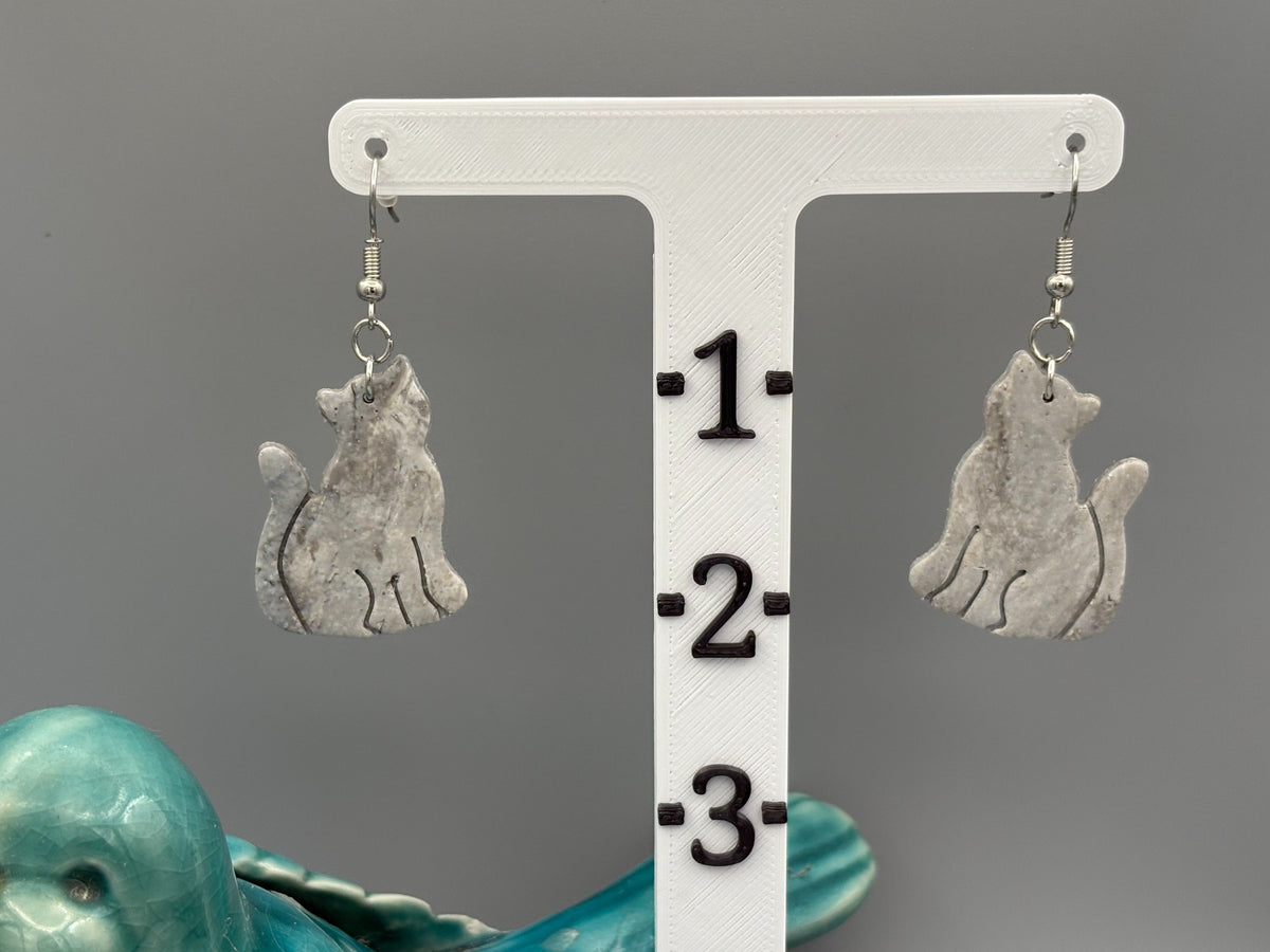 Sparkly Grey Cat Dangle Earrings - handcrafted polymer clay earrings by Lakeside Clay