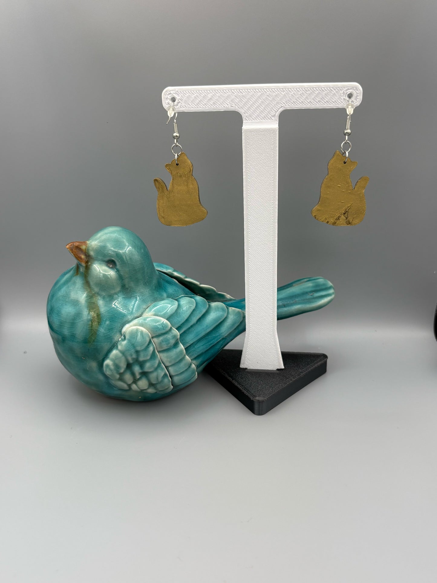 Gold Sitting Cat Dangle Earrings - handcrafted polymer clay earrings by Lakeside Clay