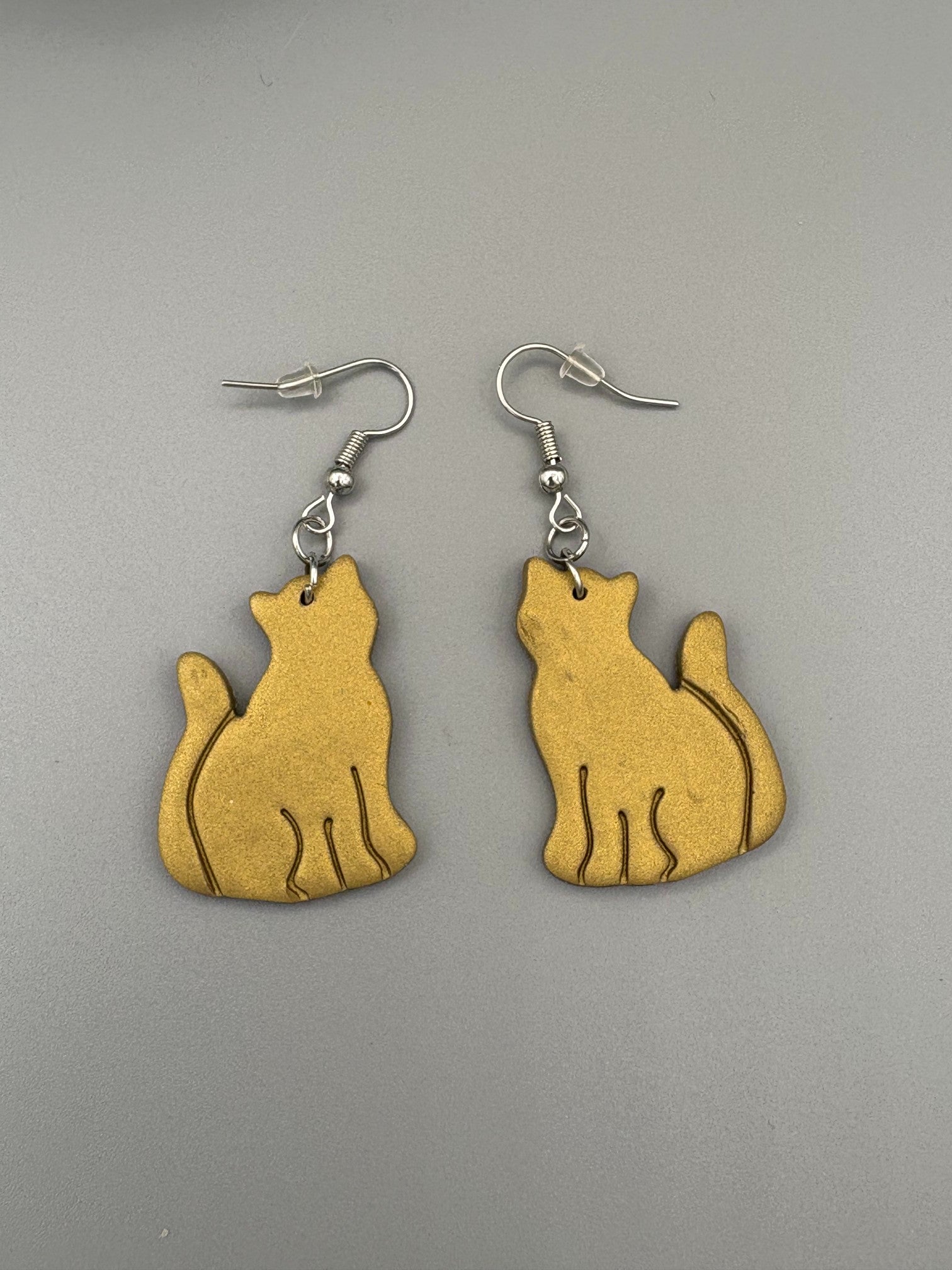 Gold Sitting Cat Dangle Earrings - handcrafted polymer clay earrings by Lakeside Clay