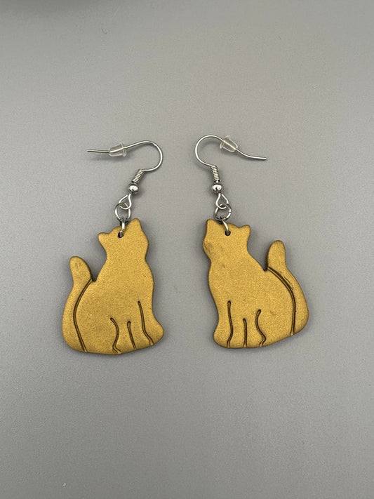 Gold Sitting Cat Dangle Earrings - handcrafted polymer clay earrings by Lakeside Clay