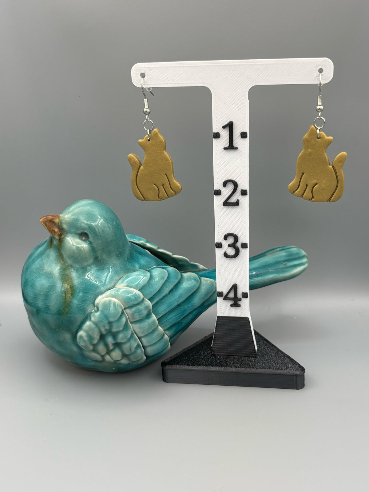 Gold Sitting Cat Dangle Earrings - handcrafted polymer clay earrings by Lakeside Clay