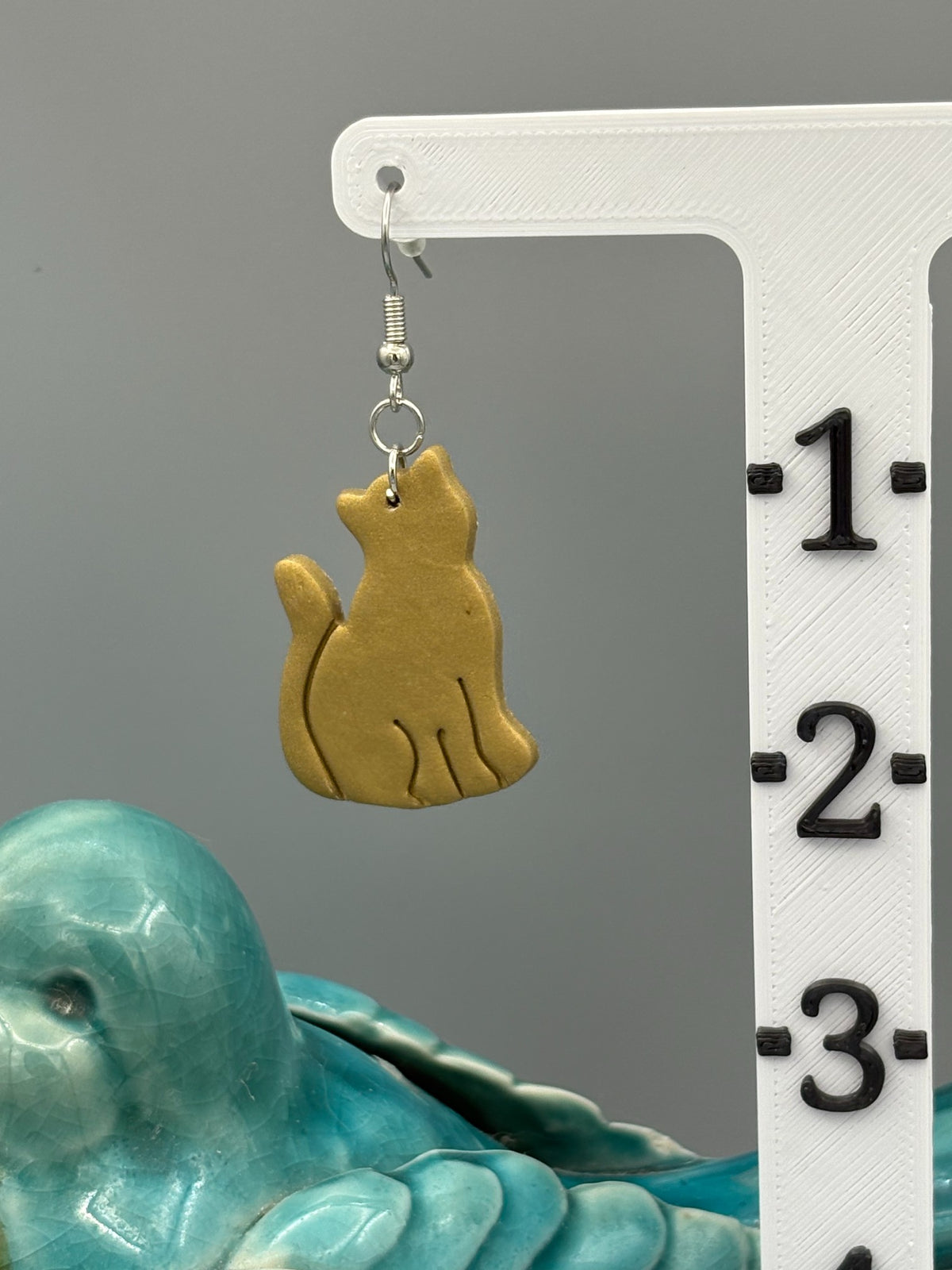 Gold Sitting Cat Dangle Earrings - handcrafted polymer clay earrings by Lakeside Clay