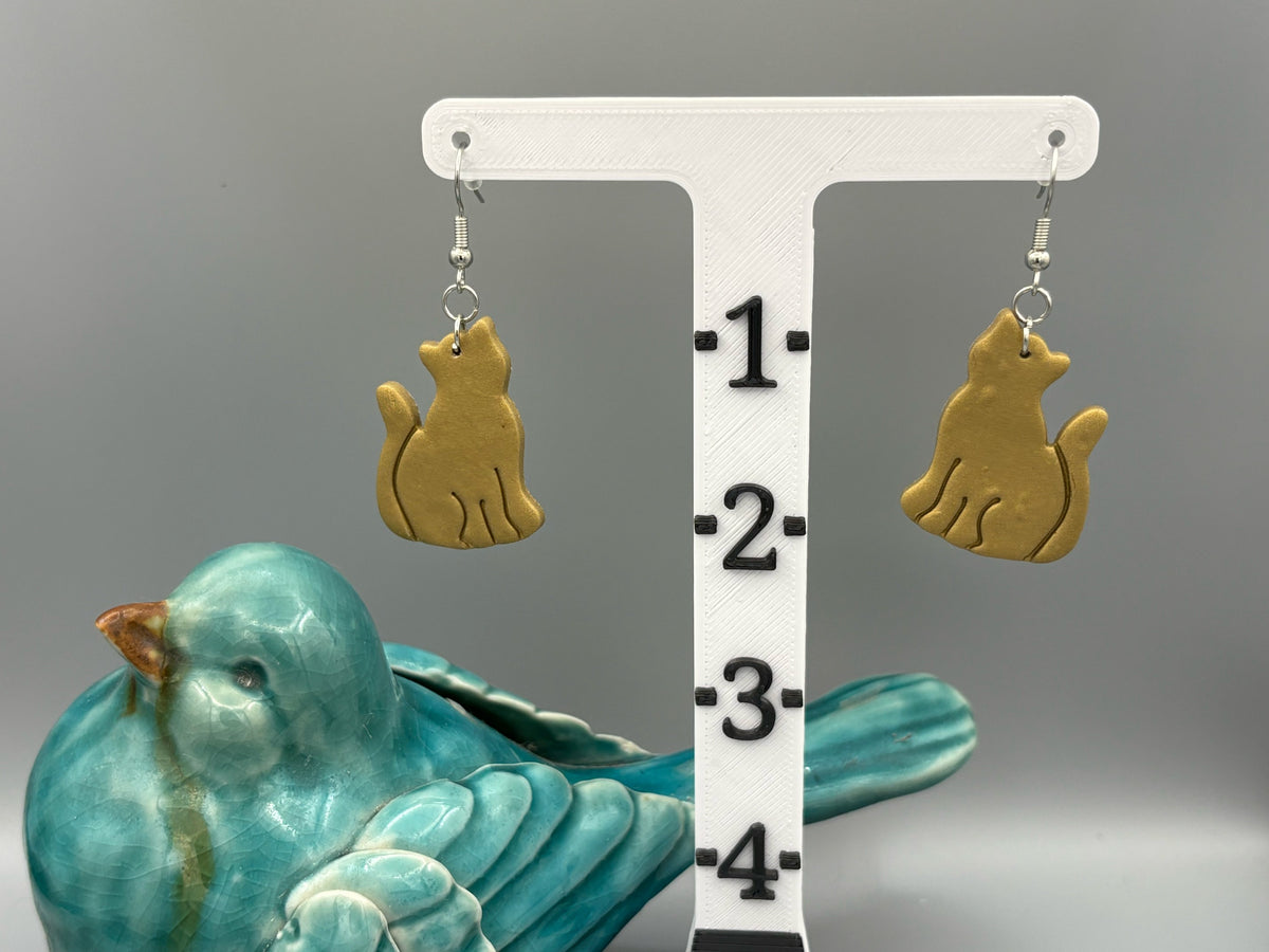 Gold Sitting Cat Dangle Earrings - handcrafted polymer clay earrings by Lakeside Clay
