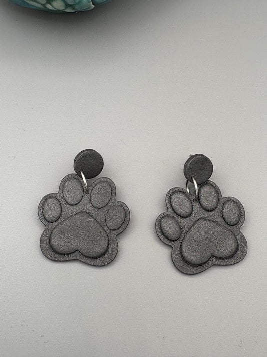 Graphite Paw Print Dangle Earrings - handcrafted polymer clay earrings by Lakeside Clay