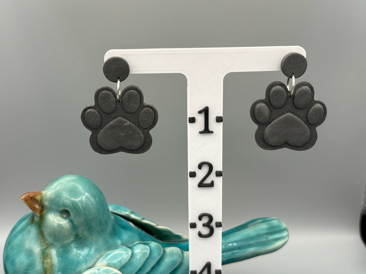 Graphite Paw Print Dangle Earrings - handcrafted polymer clay earrings by Lakeside Clay