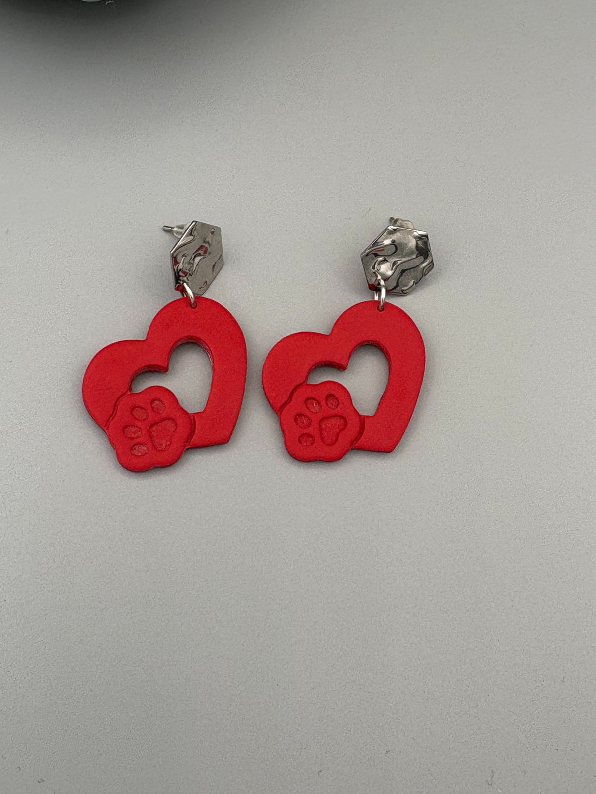 Red Paw Heart Dangle Earrings - handcrafted polymer clay earrings by Lakeside Clay