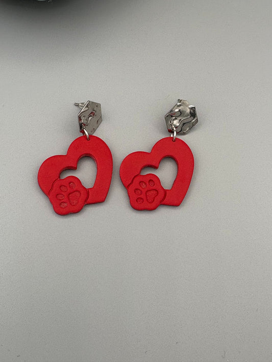 Red Paw Heart Dangle Earrings - handcrafted polymer clay earrings by Lakeside Clay