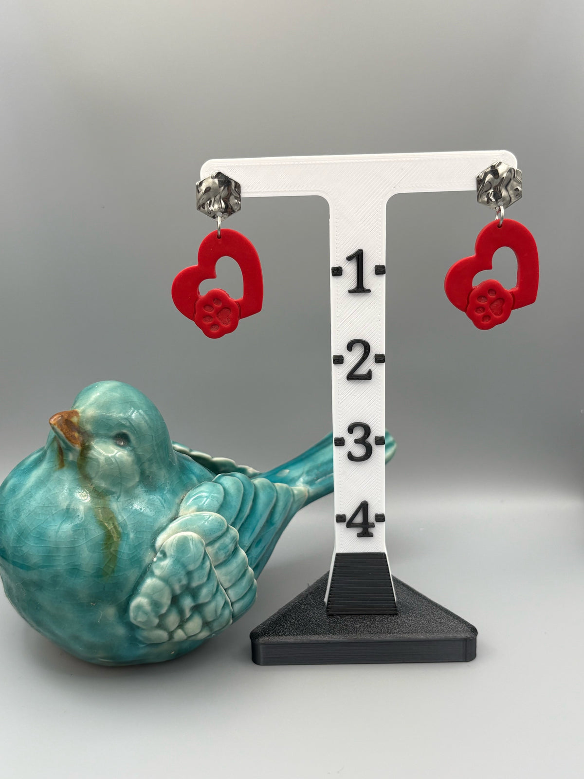 Red Paw Heart Dangle Earrings - handcrafted polymer clay earrings by Lakeside Clay