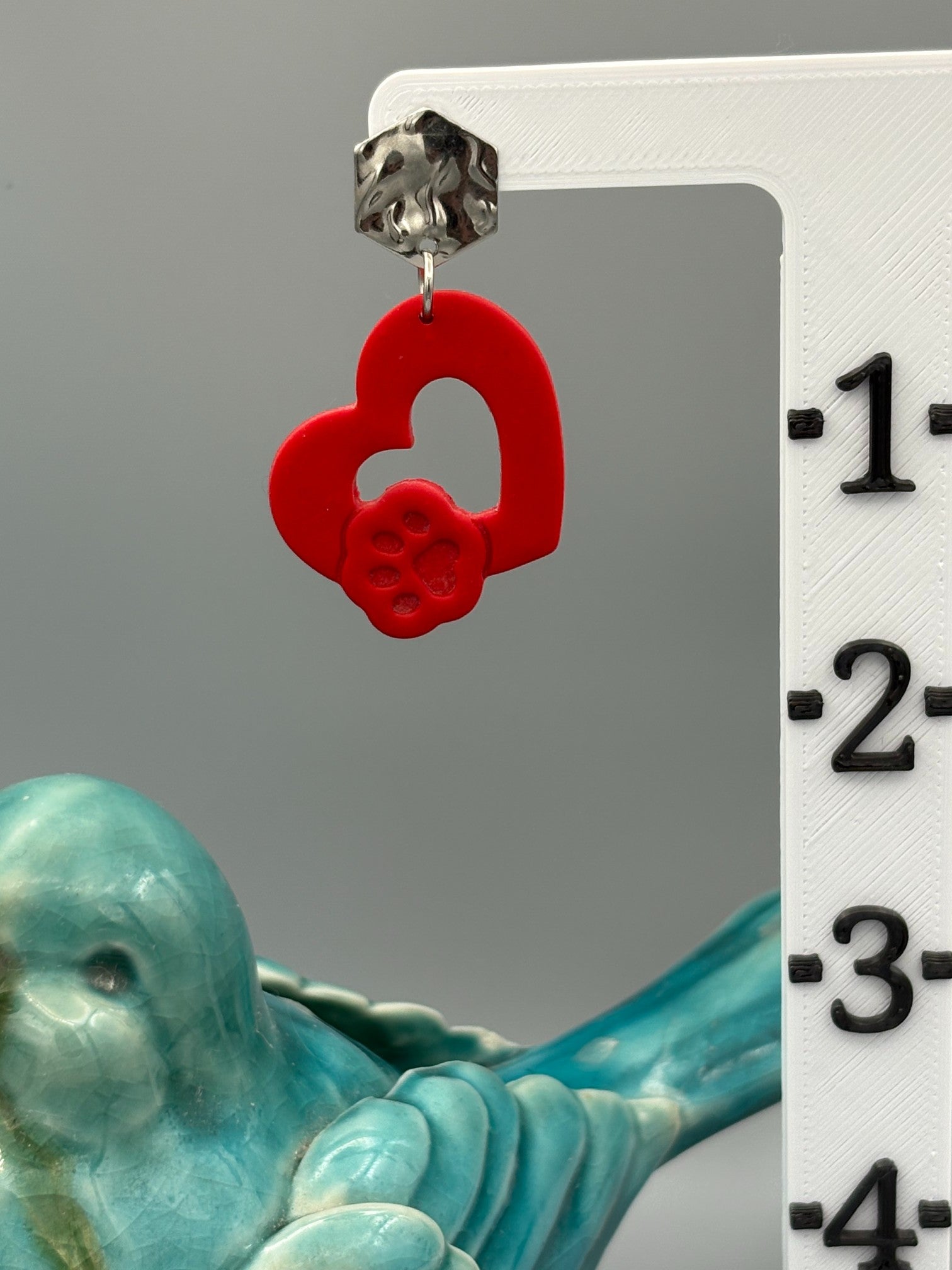 Red Paw Heart Dangle Earrings - handcrafted polymer clay earrings by Lakeside Clay
