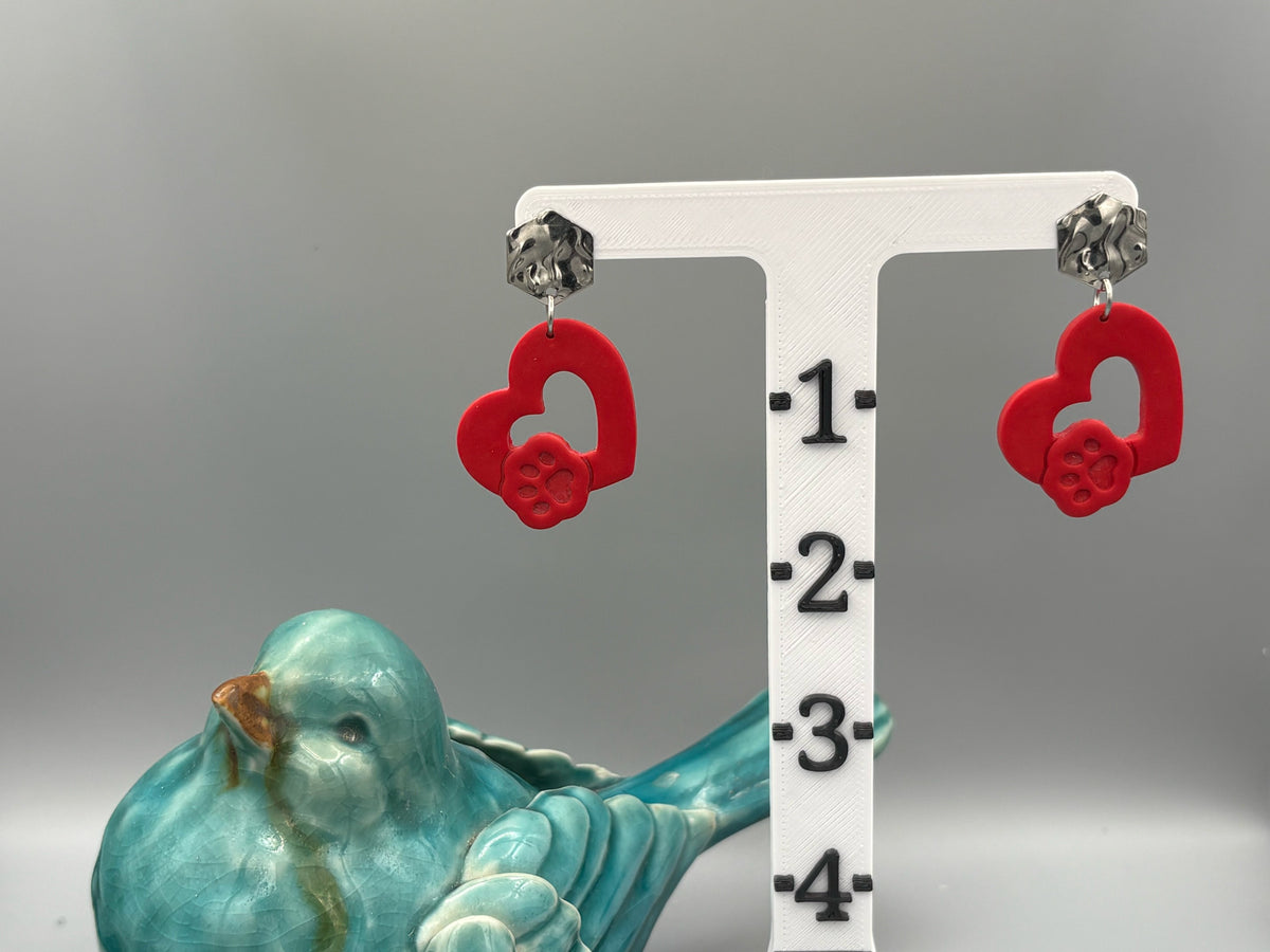 Red Paw Heart Dangle Earrings - handcrafted polymer clay earrings by Lakeside Clay