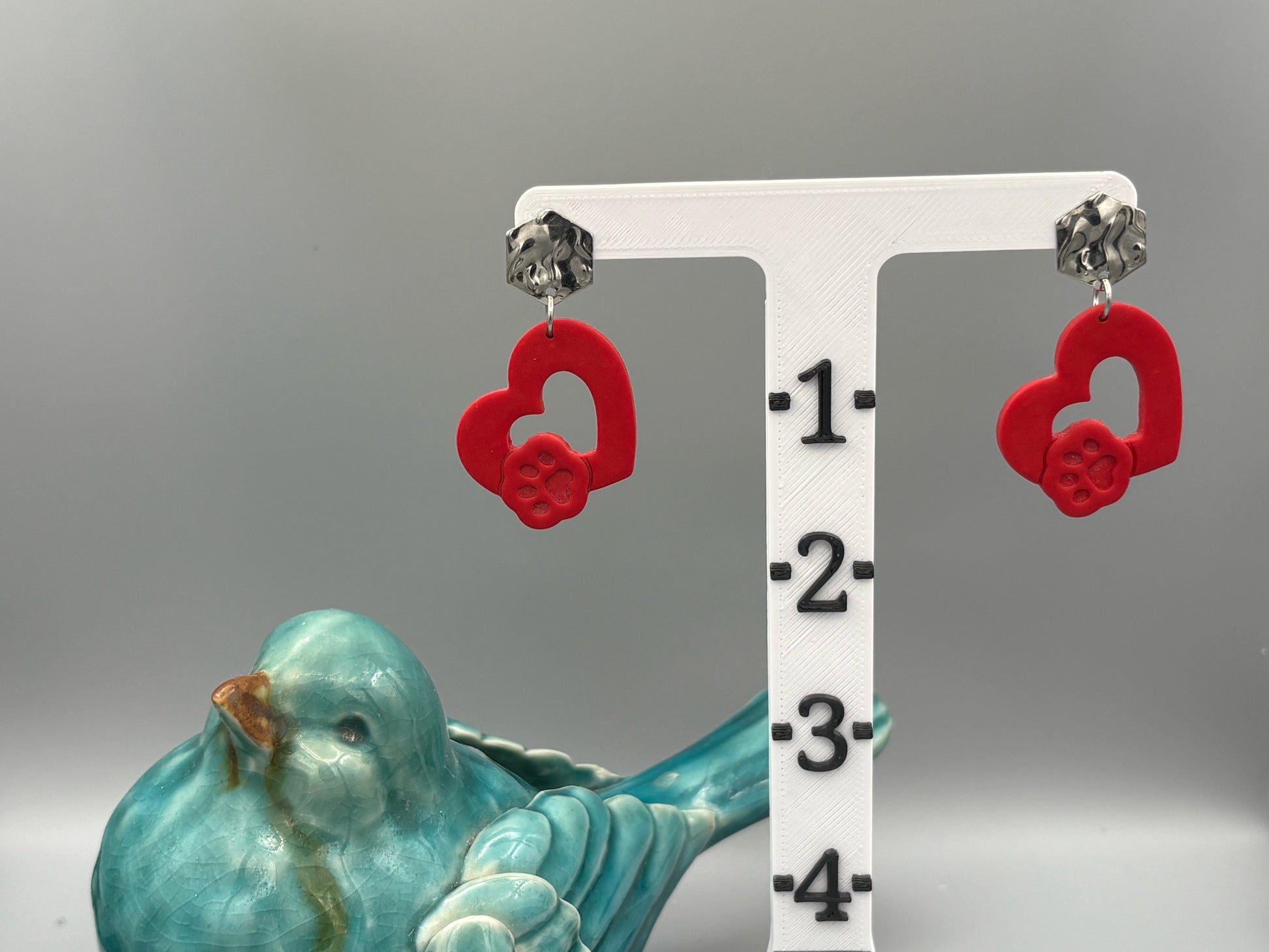 Red Paw Heart Dangle Earrings - handcrafted polymer clay earrings by Lakeside Clay