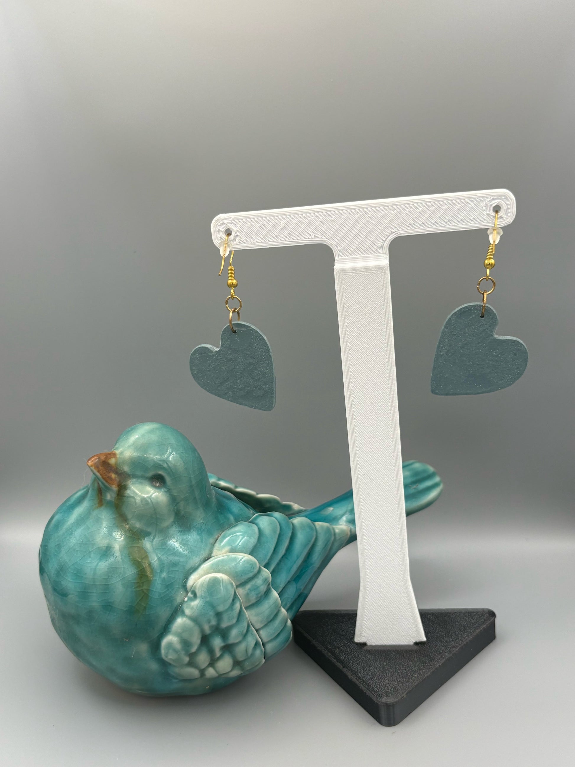 Dusty Blue Ballet Heart Dangle Earrings - handcrafted polymer clay earrings by Lakeside Clay