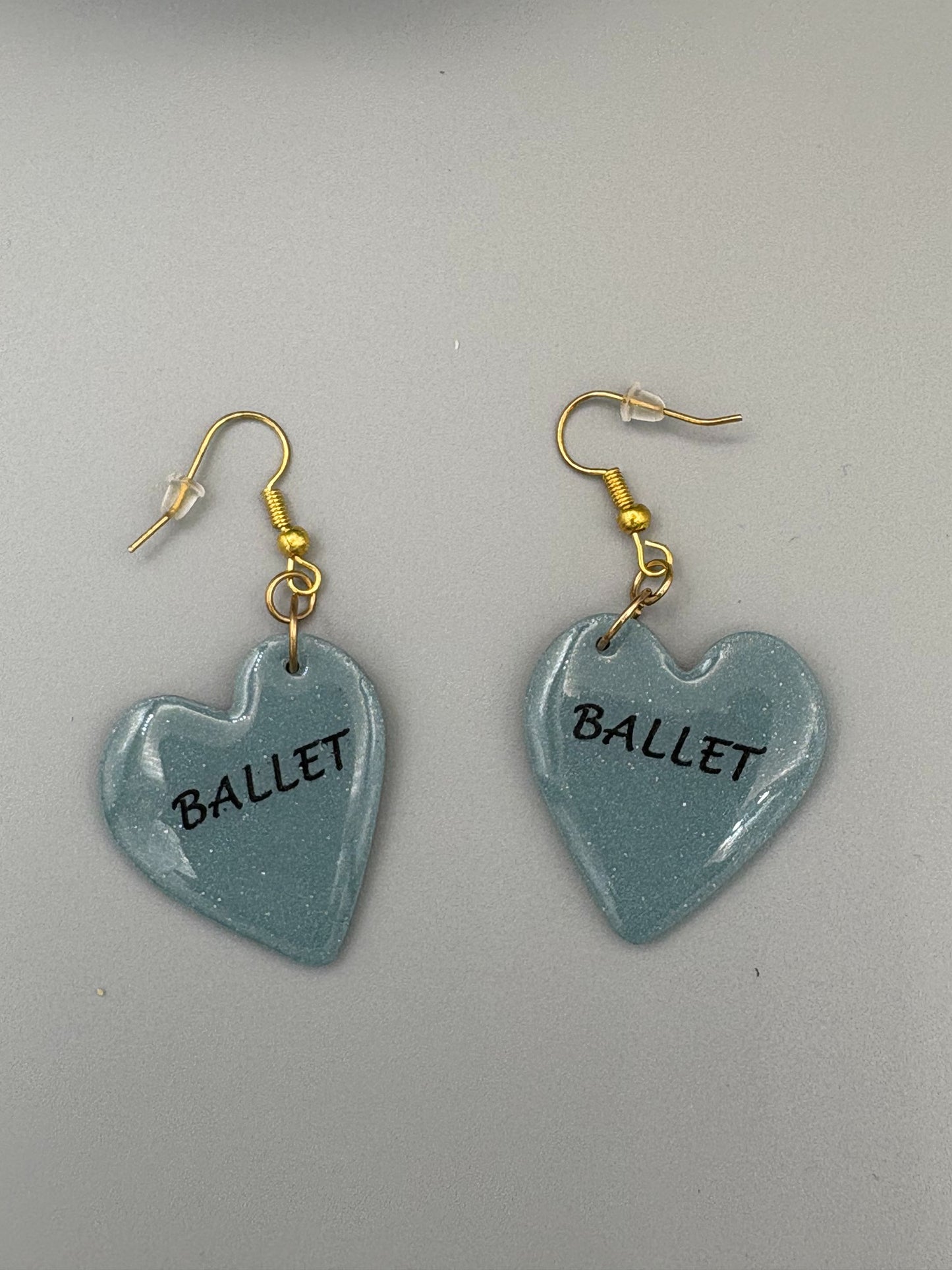 Dusty Blue Ballet Heart Dangle Earrings - handcrafted polymer clay earrings by Lakeside Clay
