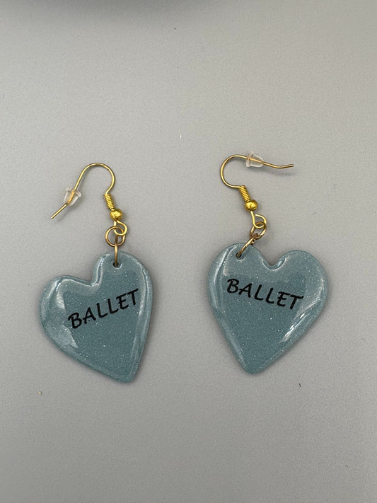 Dusty Blue Ballet Heart Dangle Earrings - handcrafted polymer clay earrings by Lakeside Clay