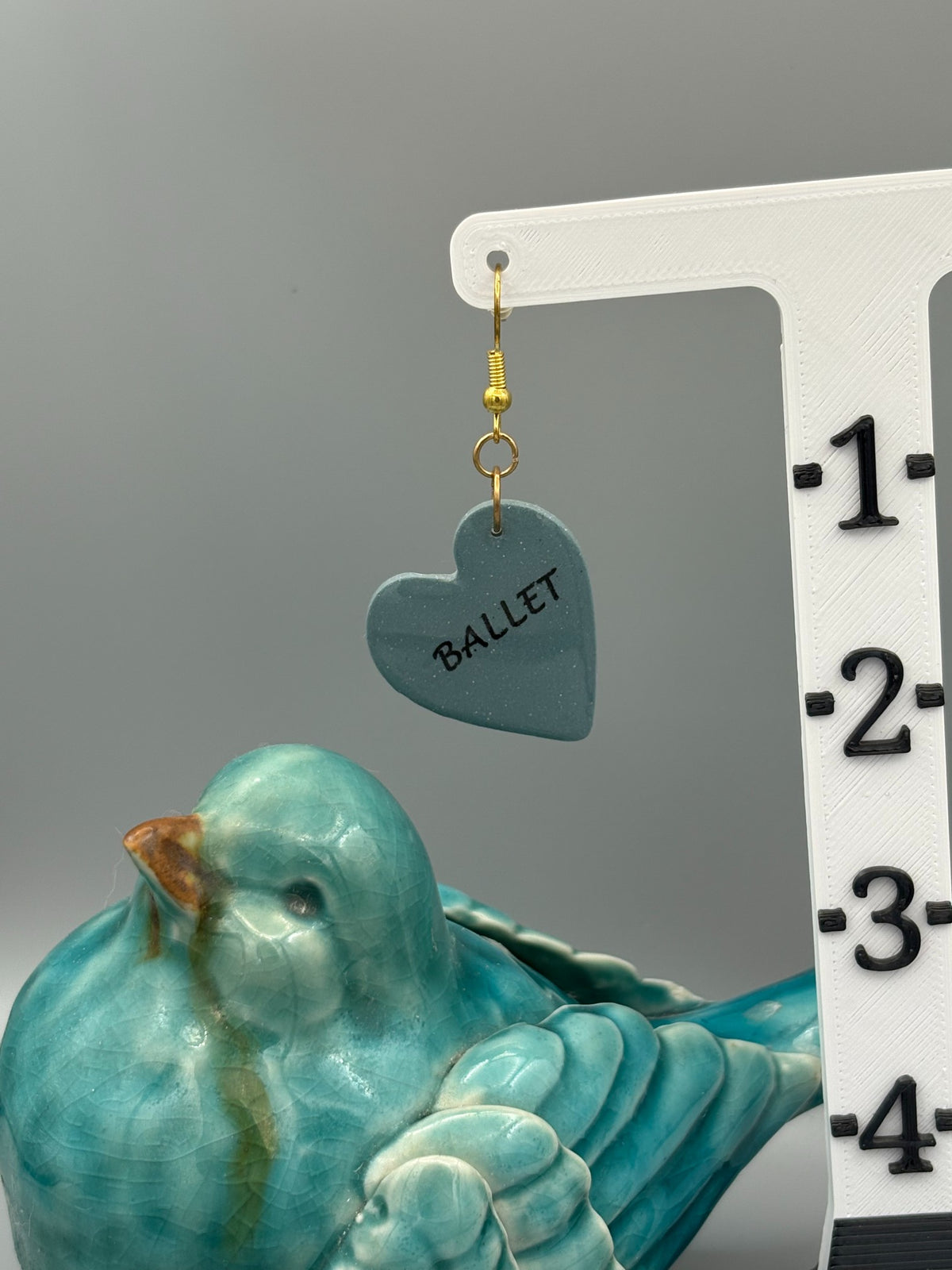 Dusty Blue Ballet Heart Dangle Earrings - handcrafted polymer clay earrings by Lakeside Clay