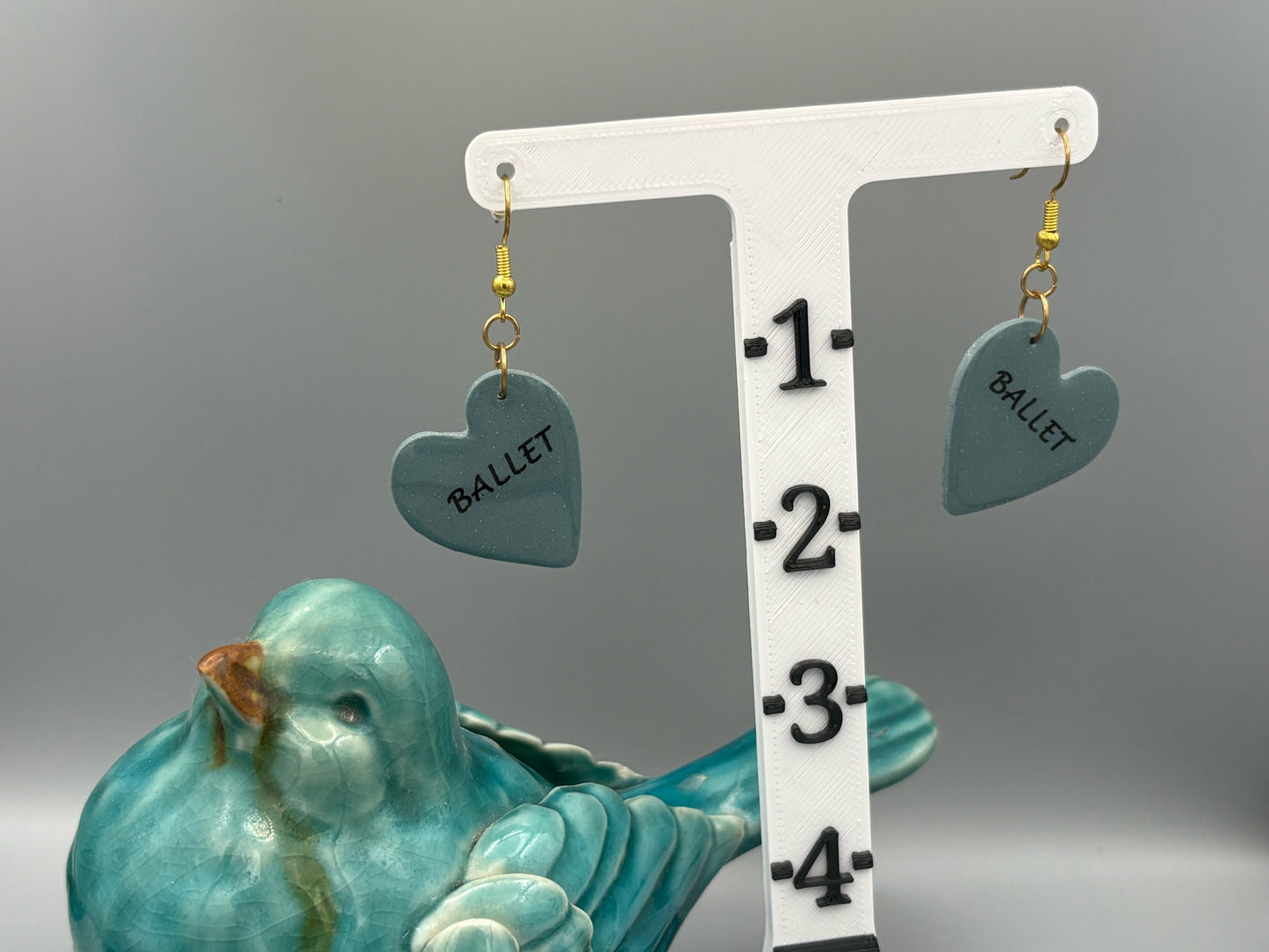 Dusty Blue Ballet Heart Dangle Earrings - handcrafted polymer clay earrings by Lakeside Clay