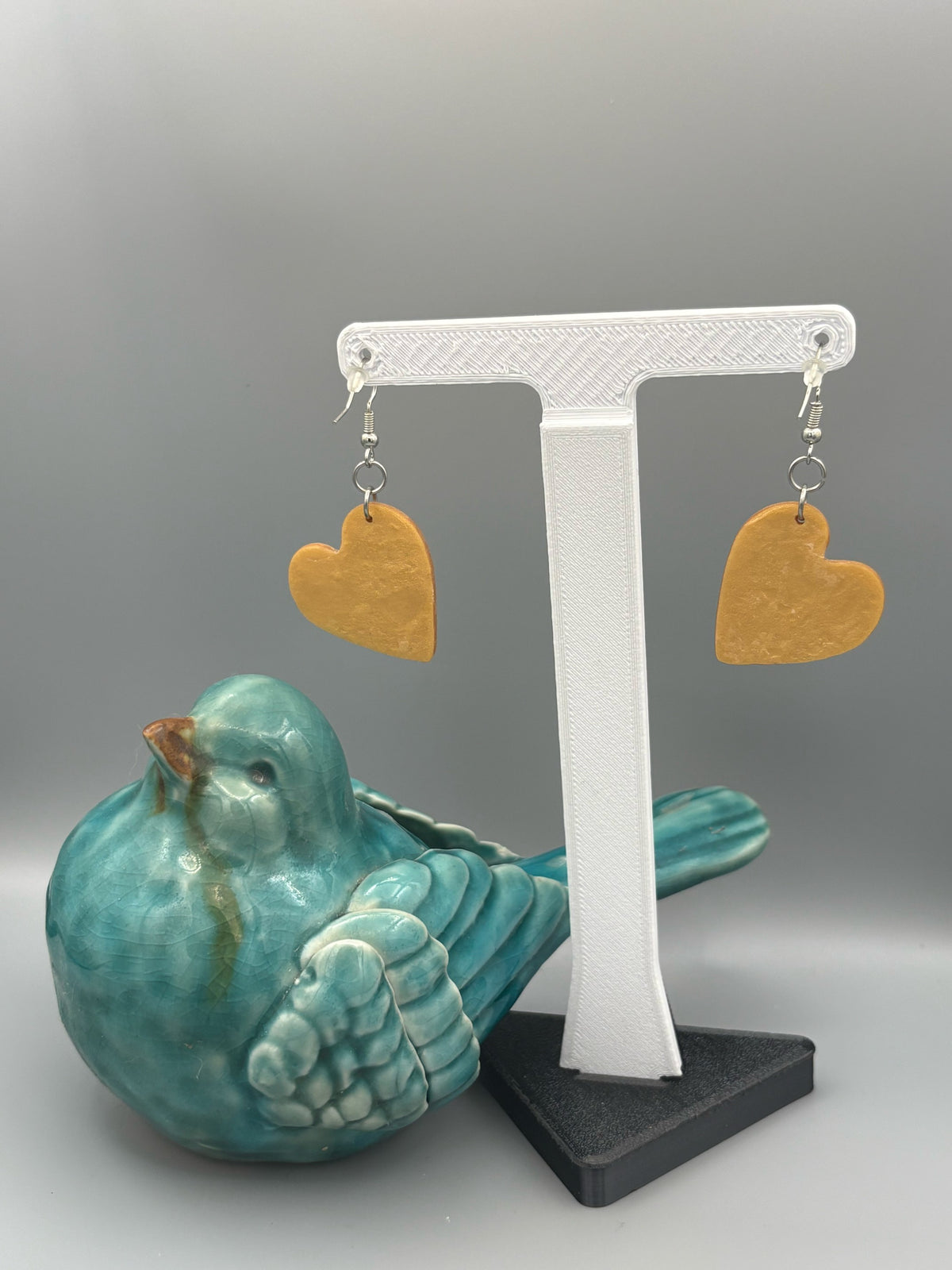 Gold Dance Heart Dangle Earrings - handcrafted polymer clay earrings by Lakeside Clay