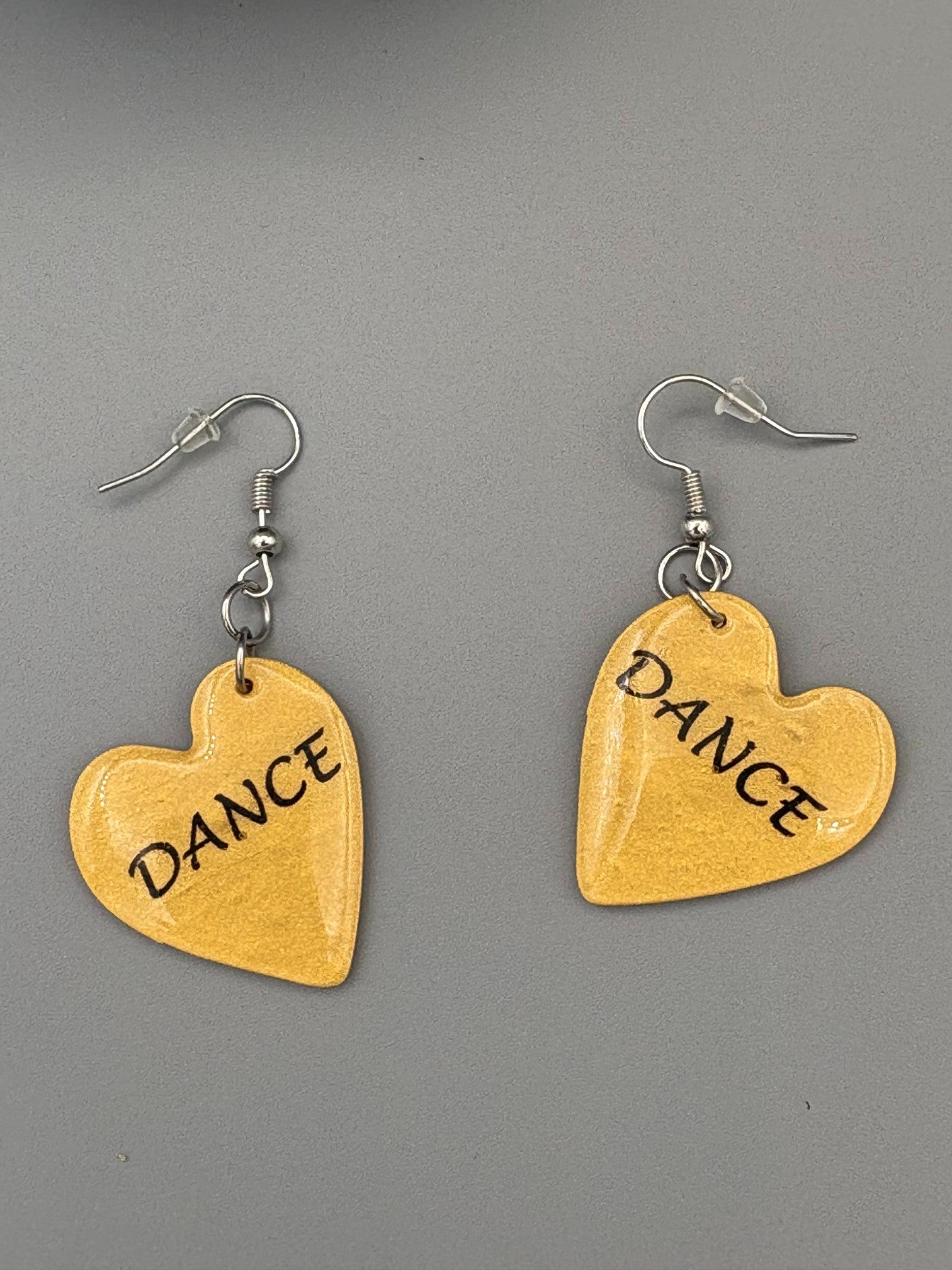 Gold Dance Heart Dangle Earrings - handcrafted polymer clay earrings by Lakeside Clay