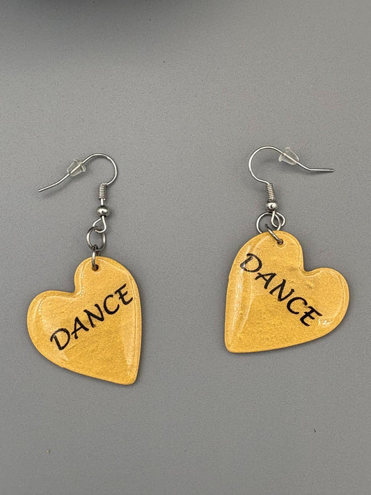 Gold Dance Heart Dangle Earrings - handcrafted polymer clay earrings by Lakeside Clay