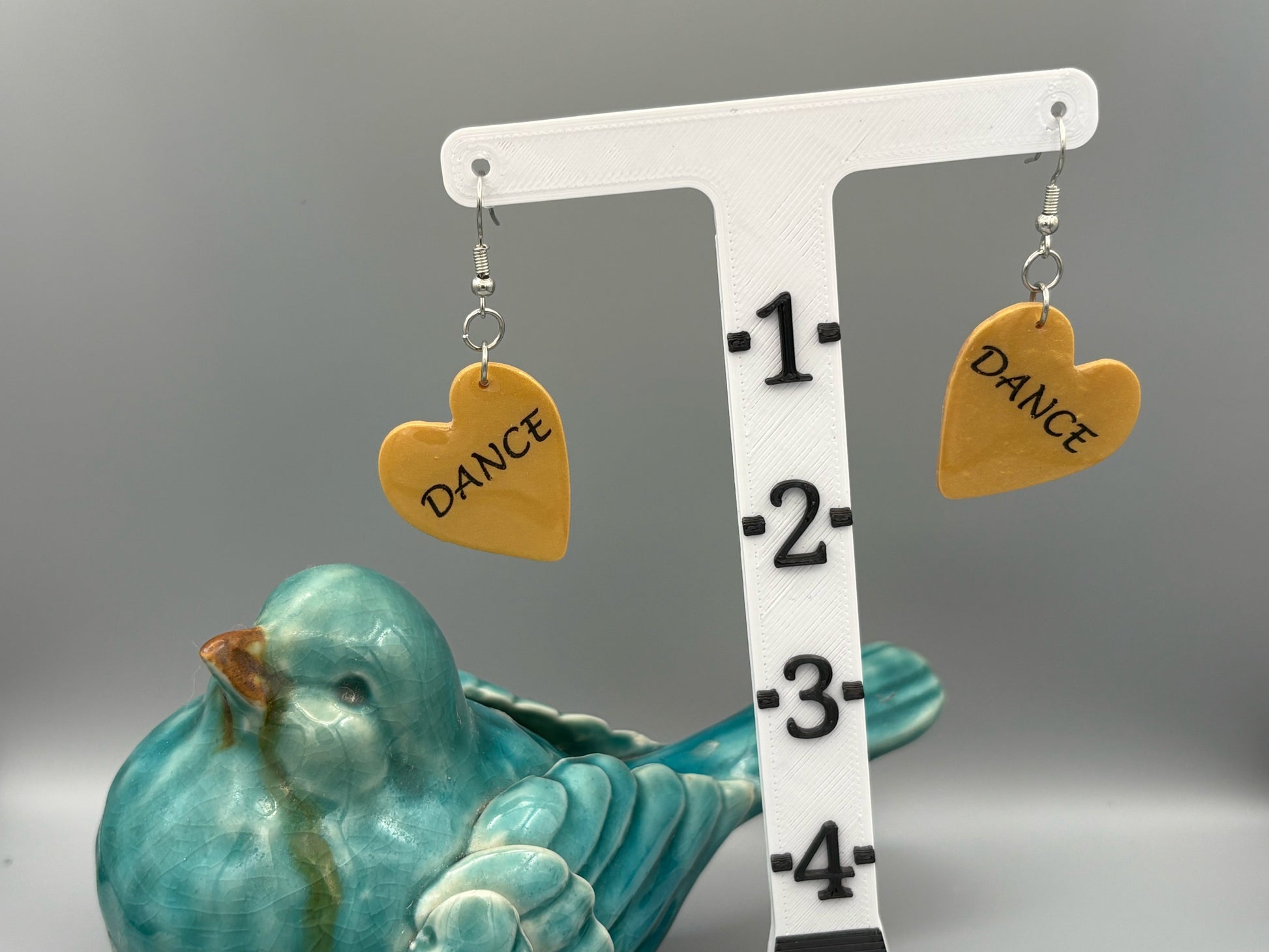 Gold Dance Heart Dangle Earrings - handcrafted polymer clay earrings by Lakeside Clay