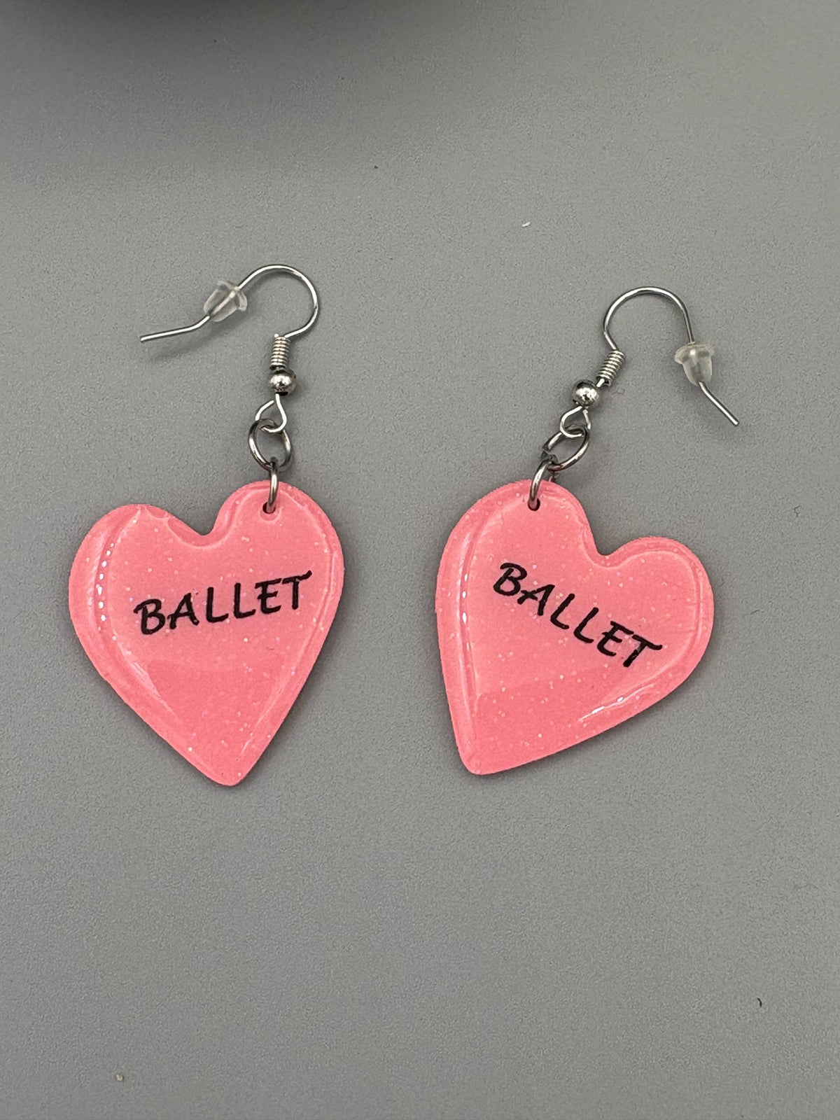 Sparkly Pink Ballet Heart Dangle Earrings - handcrafted polymer clay earrings by Lakeside Clay