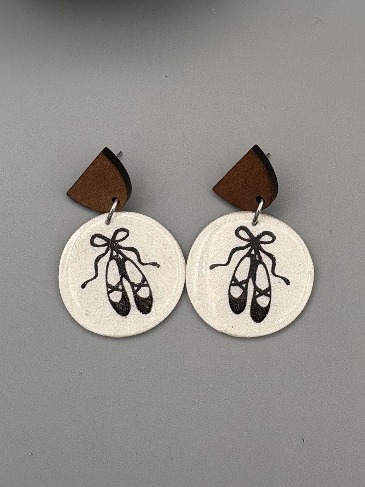 Ivory Ballet Slipper Circle Dangle Earrings - handcrafted polymer clay earrings by Lakeside Clay