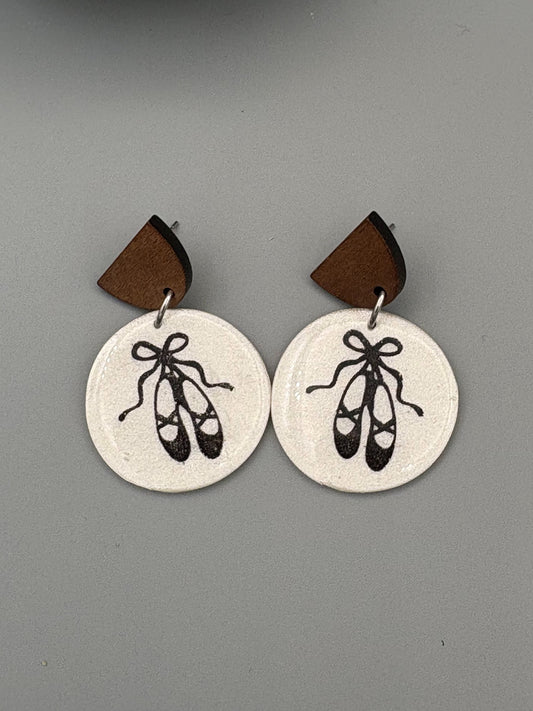 Ivory Ballet Slipper Circle Dangle Earrings - handcrafted polymer clay earrings by Lakeside Clay
