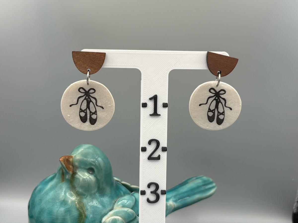 Ivory Ballet Slipper Circle Dangle Earrings - handcrafted polymer clay earrings by Lakeside Clay