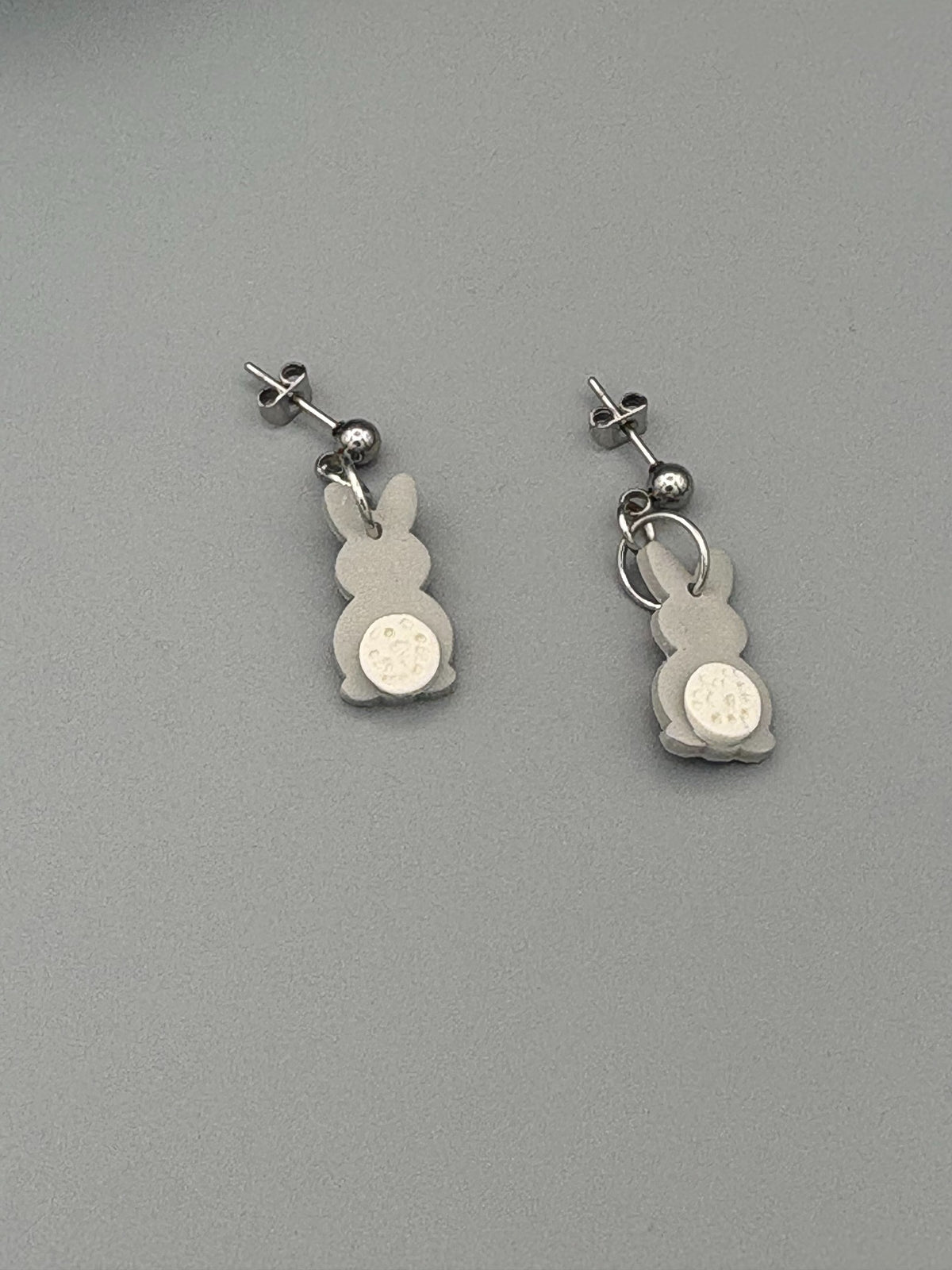 Grey Bunny Butt Dangle Earrings - handcrafted polymer clay earrings by Lakeside Clay