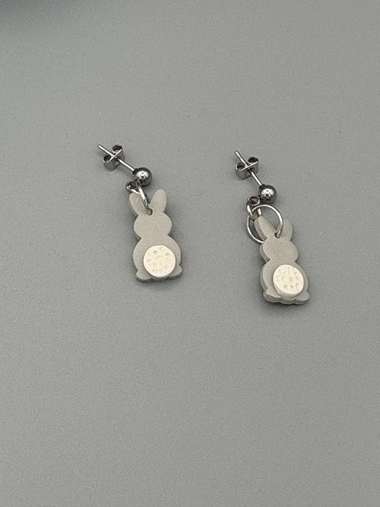 Grey Bunny Butt Dangle Earrings - handcrafted polymer clay earrings by Lakeside Clay