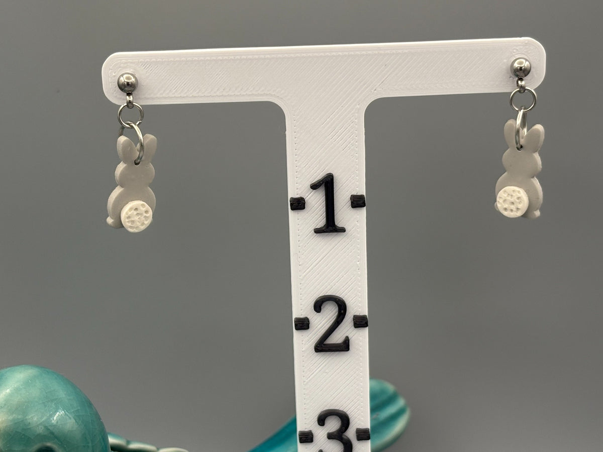 Grey Bunny Butt Dangle Earrings - handcrafted polymer clay earrings by Lakeside Clay