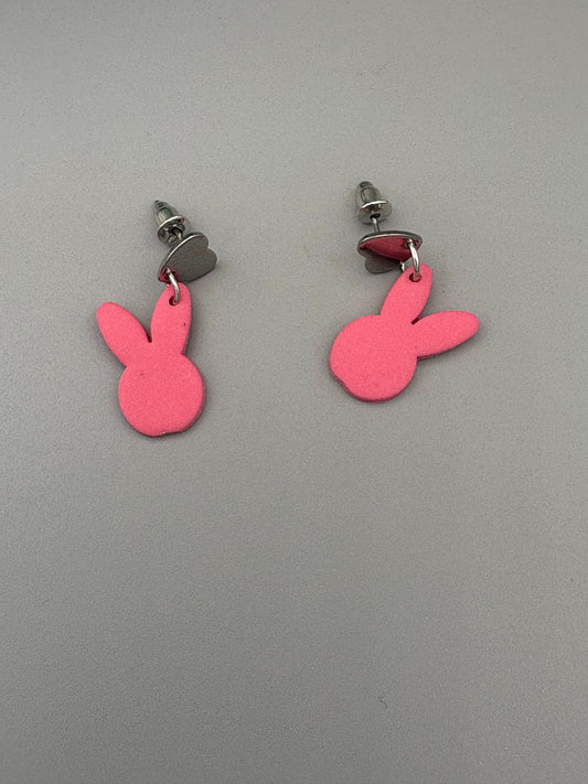 Pink Bunny Head Dangle Earrings - handcrafted polymer clay earrings by Lakeside Clay