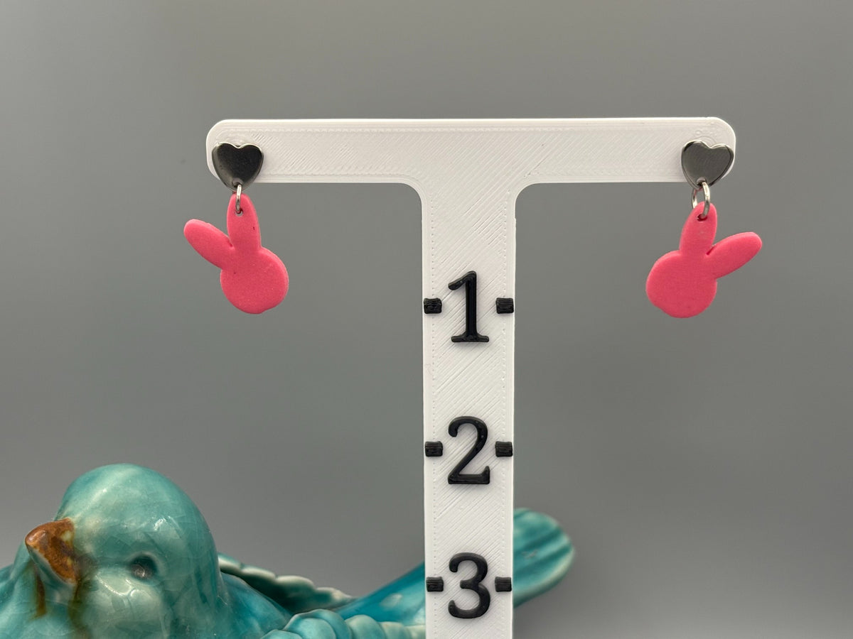 Pink Bunny Head Dangle Earrings - handcrafted polymer clay earrings by Lakeside Clay