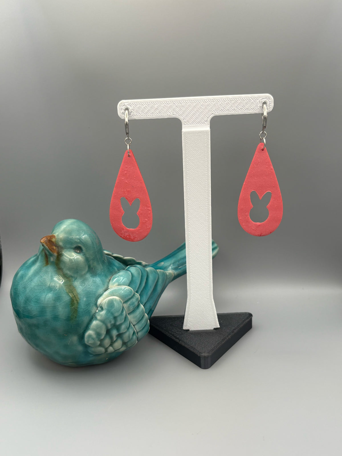 Pink Bunny Silhouette Drop Dangle Earrings - handcrafted polymer clay earrings by Lakeside Clay
