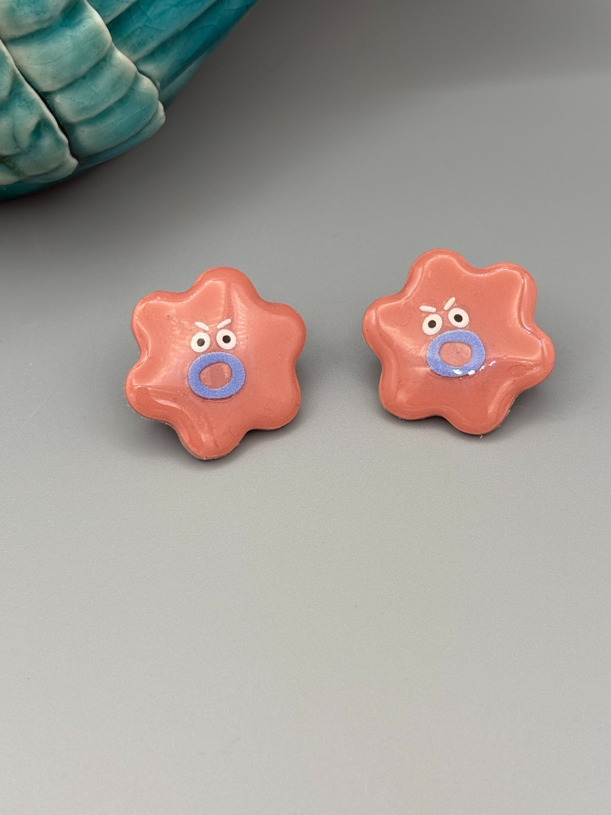 Pink Flower Funny Face Stud Earrings - handcrafted polymer clay earrings by Lakeside Clay