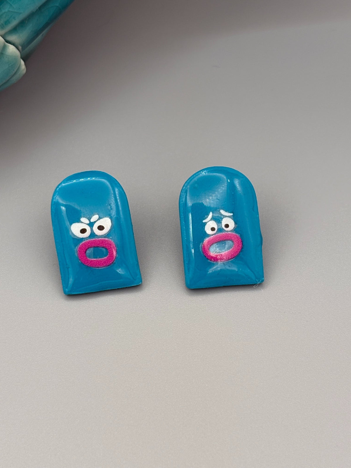 Teal Arch Funny Face Stud Earrings - handcrafted polymer clay earrings by Lakeside Clay