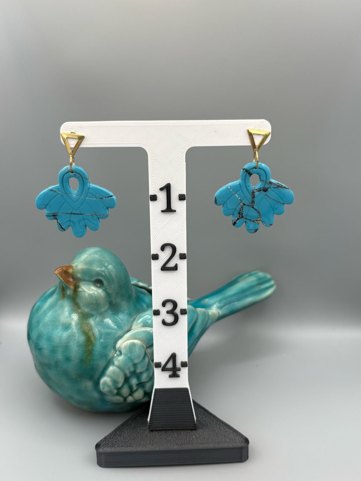 Faux Turquoise Feather Fan Dangle Earrings - handcrafted polymer clay earrings by Lakeside Clay