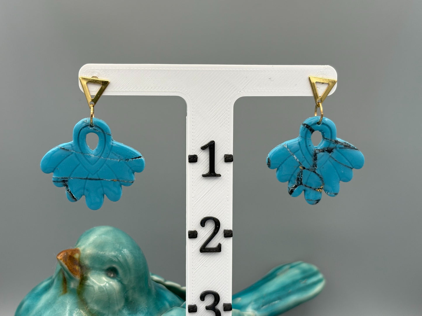 Faux Turquoise Feather Fan Dangle Earrings - handcrafted polymer clay earrings by Lakeside Clay