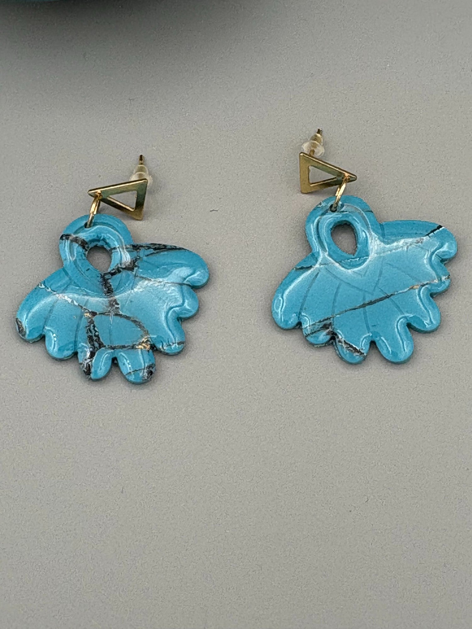 Faux Turquoise Feather Fan Dangle Earrings - handcrafted polymer clay earrings by Lakeside Clay